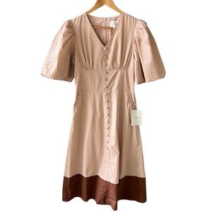 Bohme New w Tag Sz M 100% Cotton Fit & Flare Puff Sleeve Retro Dress Nude